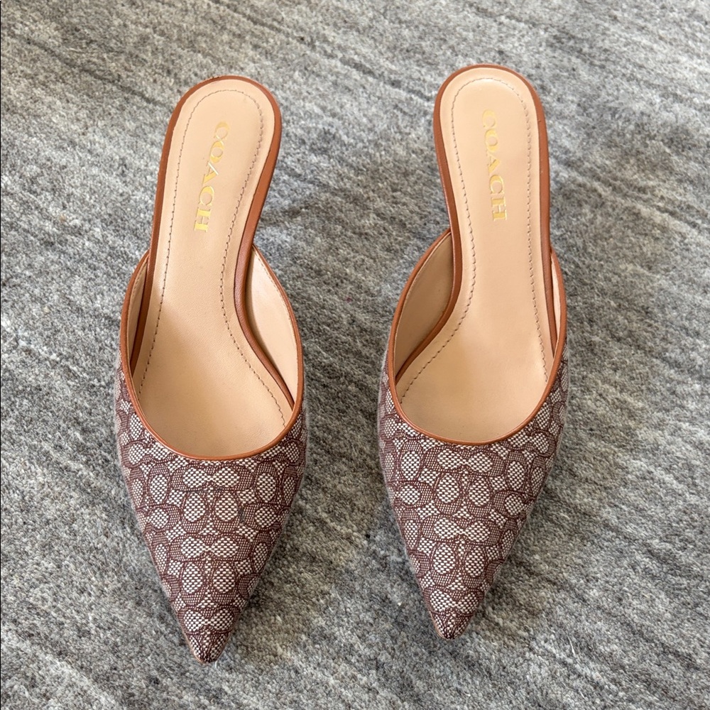 Coach Tan and Brown Patterned Women's Mules kitten heel.  Worn once